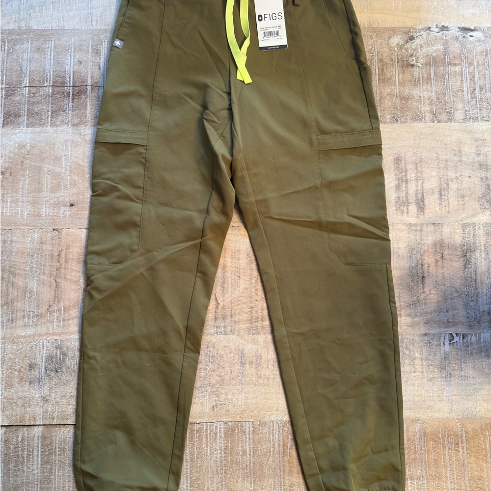 Figs Olive Jogger Scrub Pants with Neon Yellow Drawstring